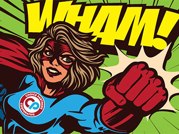  This is an illustration highlighting the superhero-themed Choice Partners Nutrition & Product Expo 